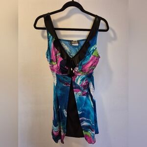 Colorful Sleeveless Dress with Black Accents